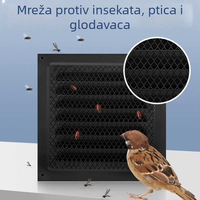 Vanjski zidni otvor za ventilaciju, crna ravna kvadratna lamelna rešetka, metalni izlaz zraka