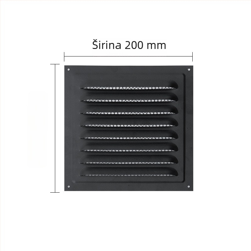 Vanjski zidni otvor za ventilaciju, crna ravna kvadratna lamelna rešetka, metalni izlaz zraka