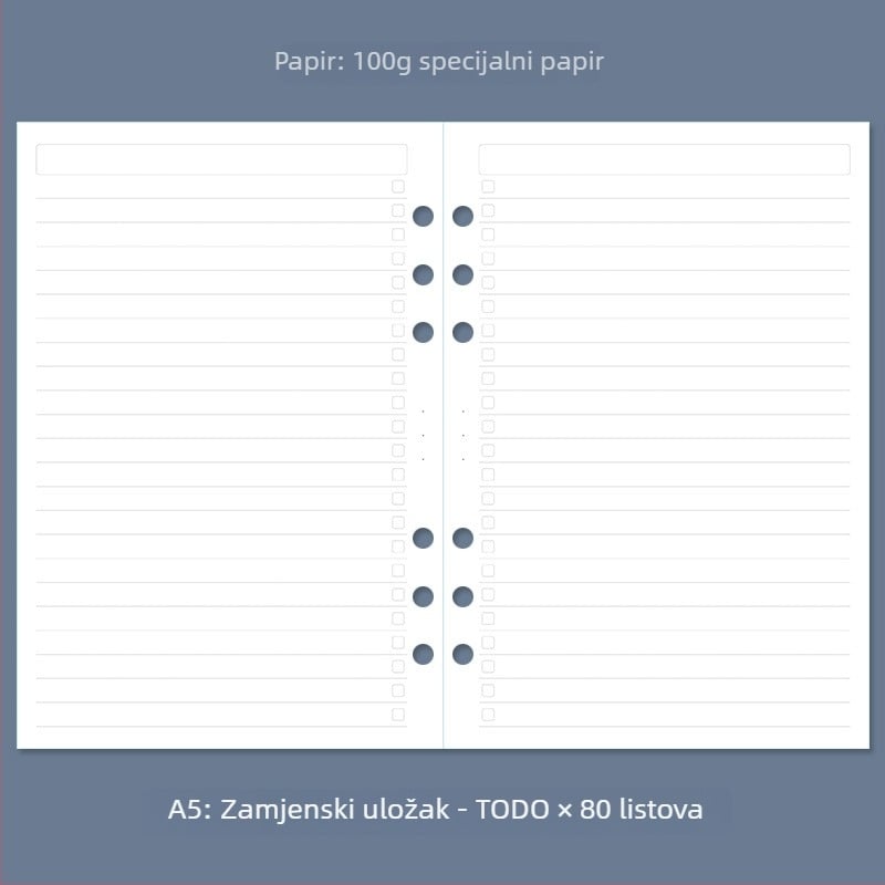 A5 bilježnica za knjigovodstvo s izmjenjivim listovima, šest rupa, točkasta mreža, tjedni i mjesečni planer