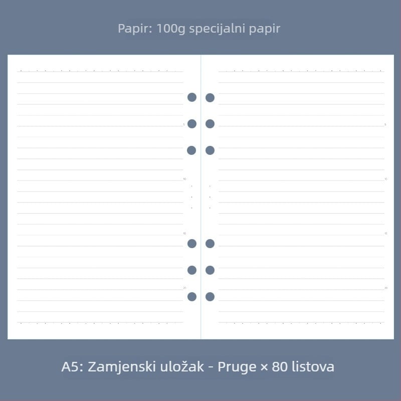 A5 bilježnica za knjigovodstvo s izmjenjivim listovima, šest rupa, točkasta mreža, tjedni i mjesečni planer