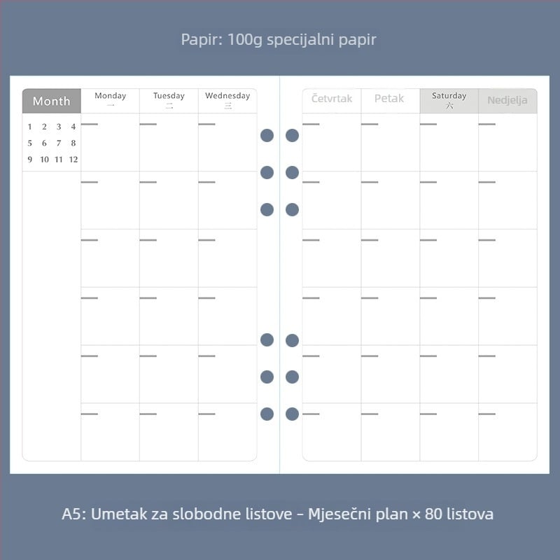 A5 bilježnica za knjigovodstvo s izmjenjivim listovima, šest rupa, točkasta mreža, tjedni i mjesečni planer