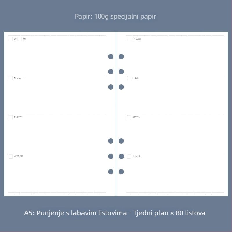 A5 bilježnica za knjigovodstvo s izmjenjivim listovima, šest rupa, točkasta mreža, tjedni i mjesečni planer