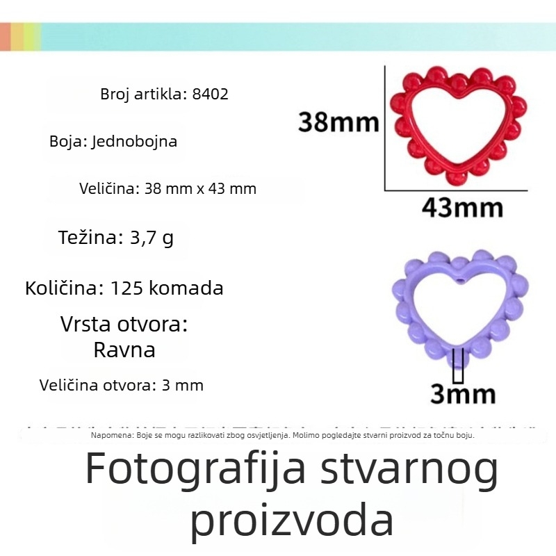Akrilne perle u jednobojnom tonu sa srce u obliku šupljeg vijenca za DIY lanac za telefon i privjesak