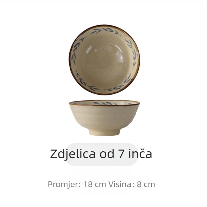 Vintage stil keramički set posuđa s podglazurom za kućnu uporabu: zdjele, tanjuri, zdjele za juhu, zdjele za rezance i desertni tanjur.