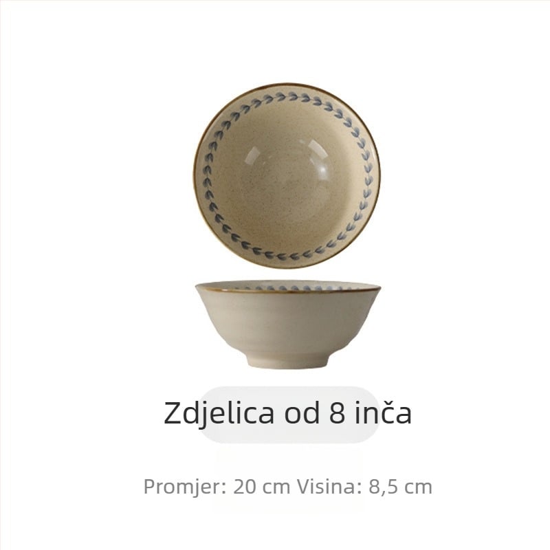 Vintage stil keramički set posuđa s podglazurom za kućnu uporabu: zdjele, tanjuri, zdjele za juhu, zdjele za rezance i desertni tanjur.
