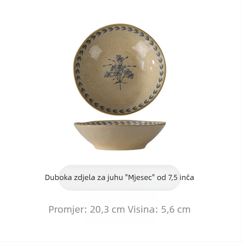 Vintage stil keramički set posuđa s podglazurom za kućnu uporabu: zdjele, tanjuri, zdjele za juhu, zdjele za rezance i desertni tanjur.