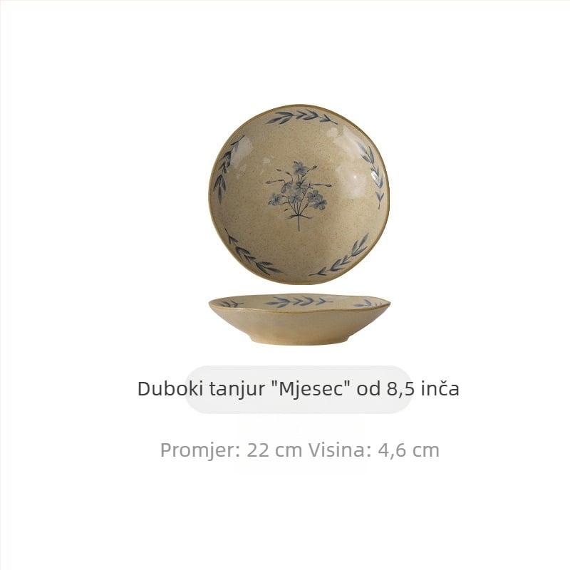Vintage stil keramički set posuđa s podglazurom za kućnu uporabu: zdjele, tanjuri, zdjele za juhu, zdjele za rezance i desertni tanjur.