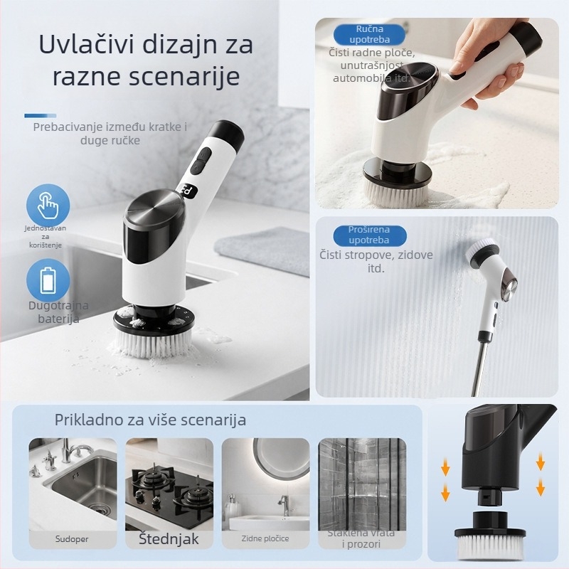 Električna četka za čišćenje s čeličnom vlaknom, višestruki nastavci, duga drška, ručna za kuhinju i kupaonicu