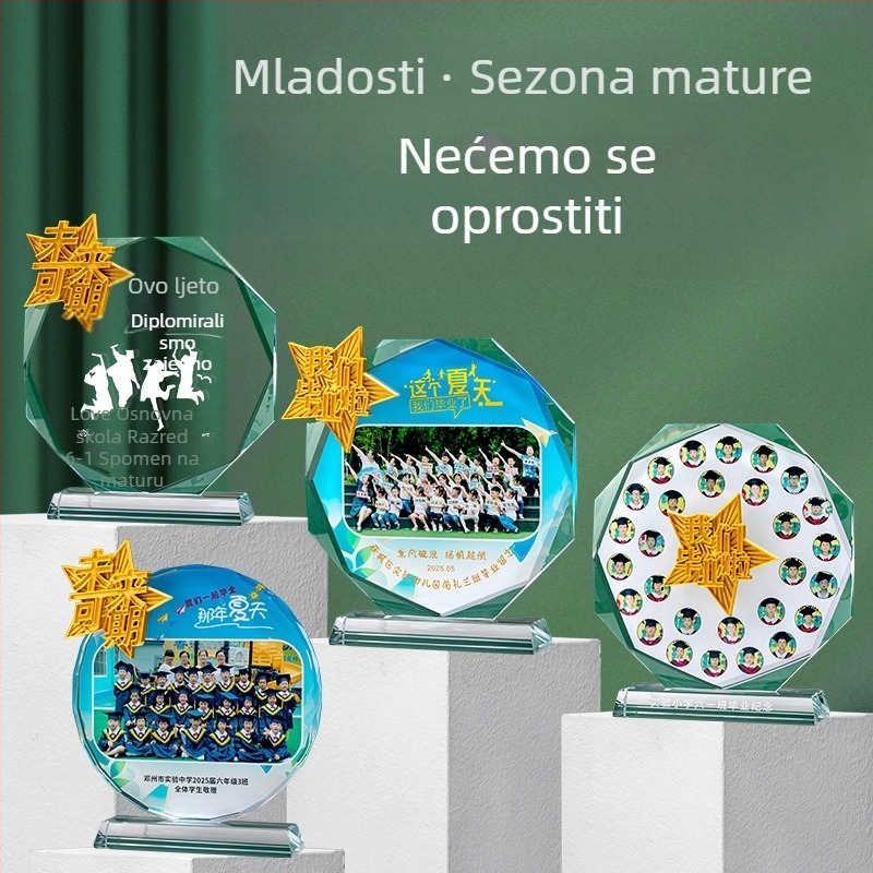 Kristalni trofej ukras za učenike: osnovna i srednja škola, vrtićne fotografije, druženja razreda, maturantsko razdoblje