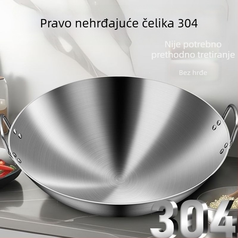 Wok od 304 nemagnetnog nehrđajućeg čelika, s dvostrukim držašima, zaokruženo dno, velik za komercijalnu i kućnu upotrebu