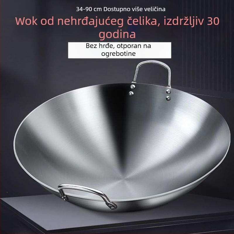 Wok od 304 nemagnetnog nehrđajućeg čelika, s dvostrukim držašima, zaokruženo dno, velik za komercijalnu i kućnu upotrebu
