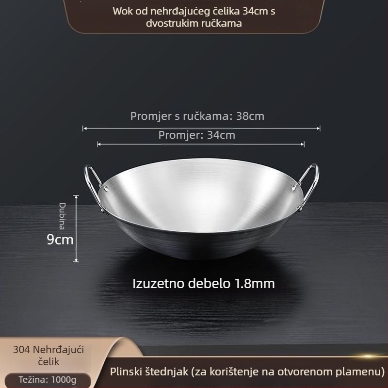 Wok od 304 nemagnetnog nehrđajućeg čelika, s dvostrukim držašima, zaokruženo dno, velik za komercijalnu i kućnu upotrebu