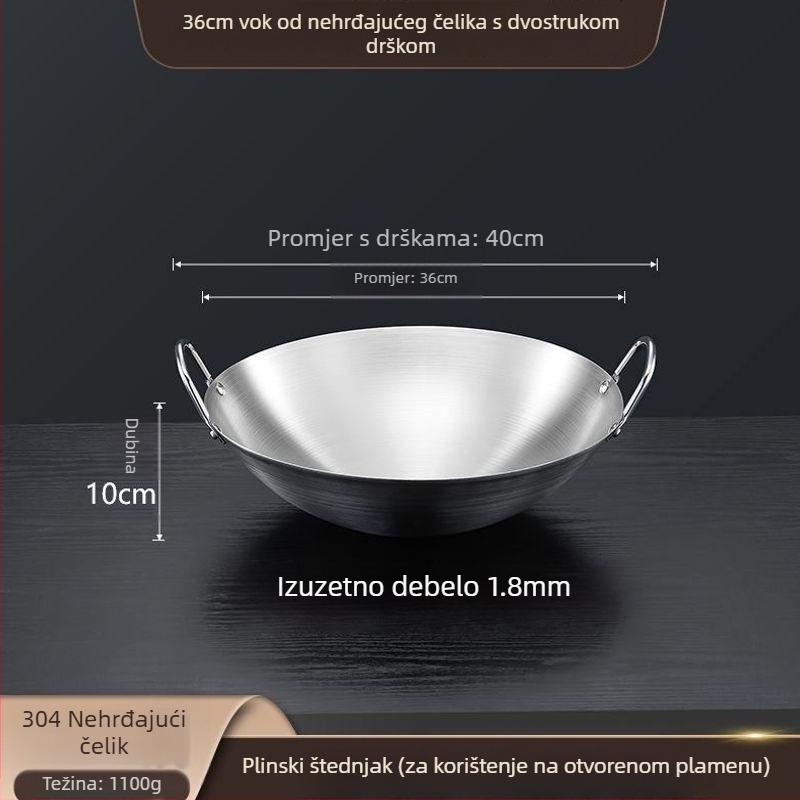 Wok od 304 nemagnetnog nehrđajućeg čelika, s dvostrukim držašima, zaokruženo dno, velik za komercijalnu i kućnu upotrebu