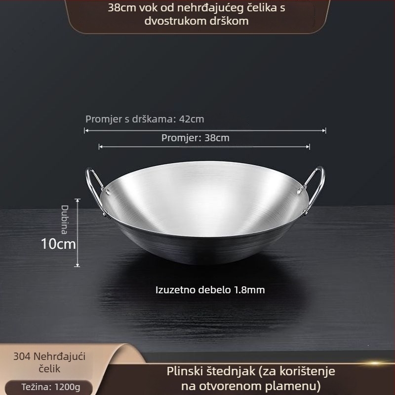Wok od 304 nemagnetnog nehrđajućeg čelika, s dvostrukim držašima, zaokruženo dno, velik za komercijalnu i kućnu upotrebu