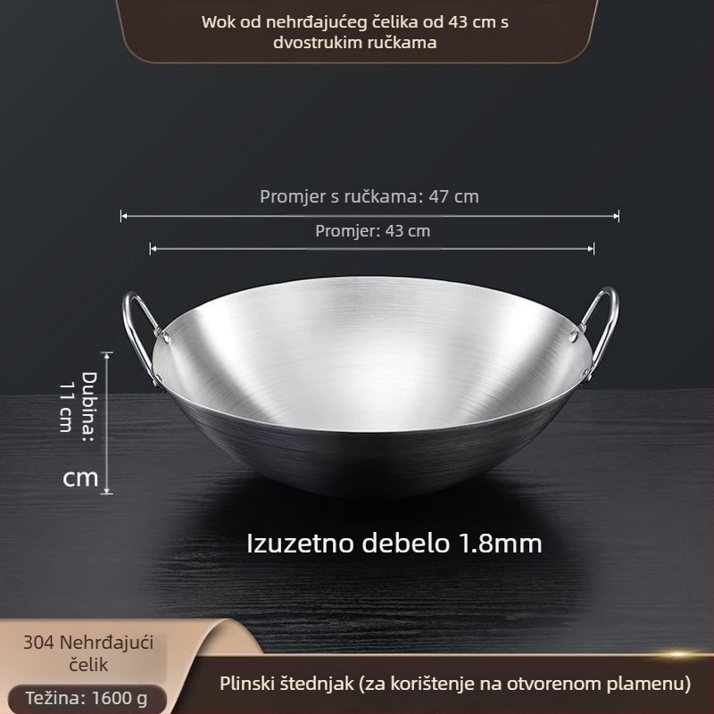 Wok od 304 nemagnetnog nehrđajućeg čelika, s dvostrukim držašima, zaokruženo dno, velik za komercijalnu i kućnu upotrebu