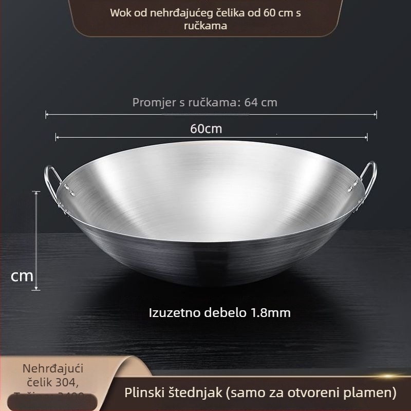 Wok od 304 nemagnetnog nehrđajućeg čelika, s dvostrukim držašima, zaokruženo dno, velik za komercijalnu i kućnu upotrebu