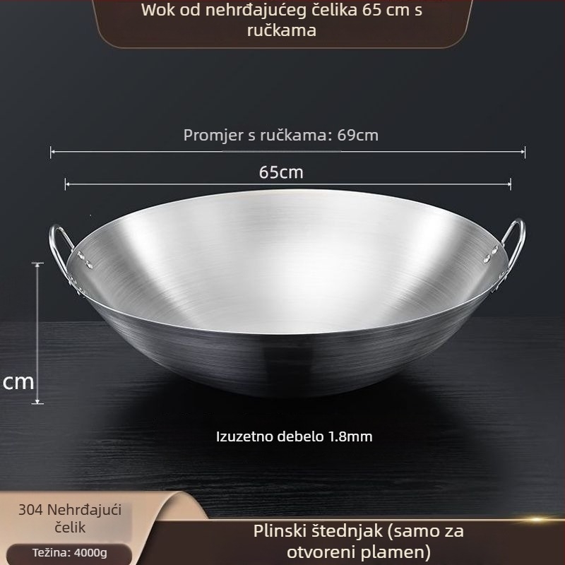 Wok od 304 nemagnetnog nehrđajućeg čelika, s dvostrukim držašima, zaokruženo dno, velik za komercijalnu i kućnu upotrebu