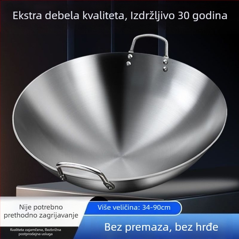 Wok od 304 nemagnetnog nehrđajućeg čelika, s dvostrukim držašima, zaokruženo dno, velik za komercijalnu i kućnu upotrebu