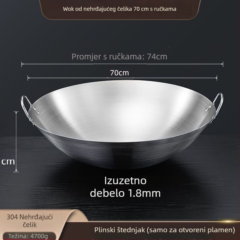 Wok od 304 nemagnetnog nehrđajućeg čelika, s dvostrukim držašima, zaokruženo dno, velik za komercijalnu i kućnu upotrebu