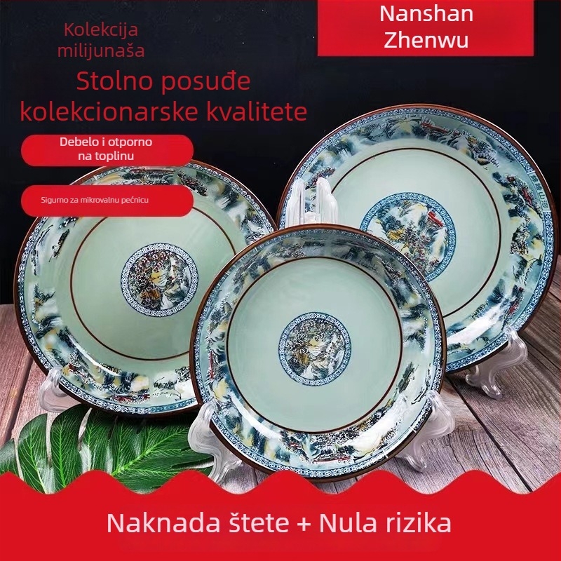Porcelanski set zdjela za rižu s motivom planina i rijeka; uključuje zdjele za rižu, male i velike zdjele za juhu i zdjele za rezance, za kućnu upotrebu