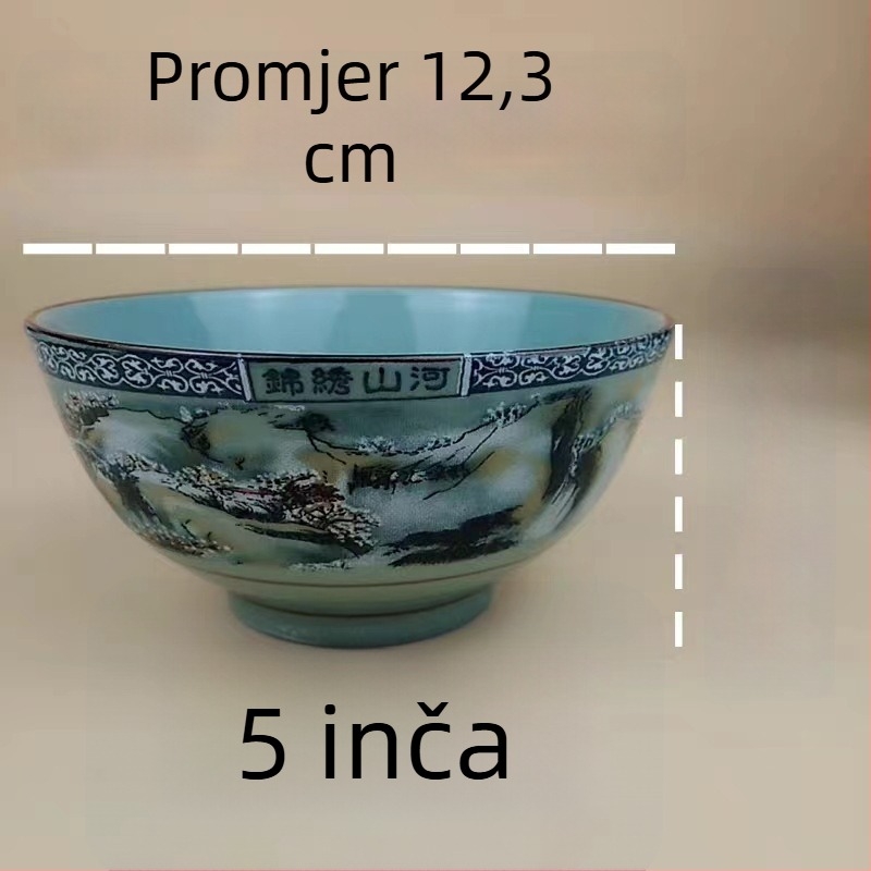 Porcelanski set zdjela za rižu s motivom planina i rijeka; uključuje zdjele za rižu, male i velike zdjele za juhu i zdjele za rezance, za kućnu upotrebu