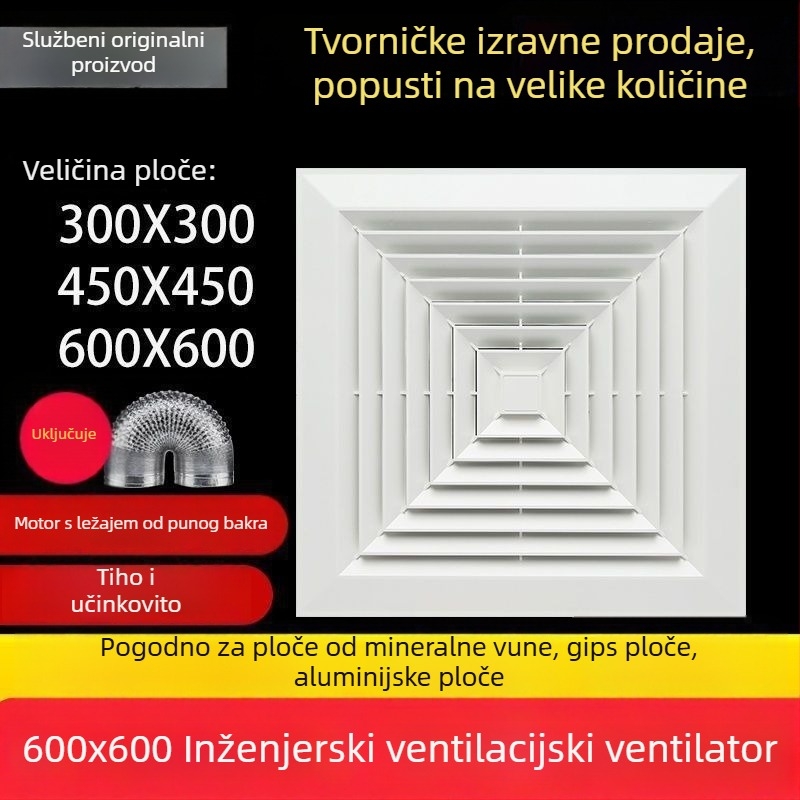 Integrirani stropni ventilator 600x600 s aluminijskim panelom i gips pločom za kupaonicu, 30x30