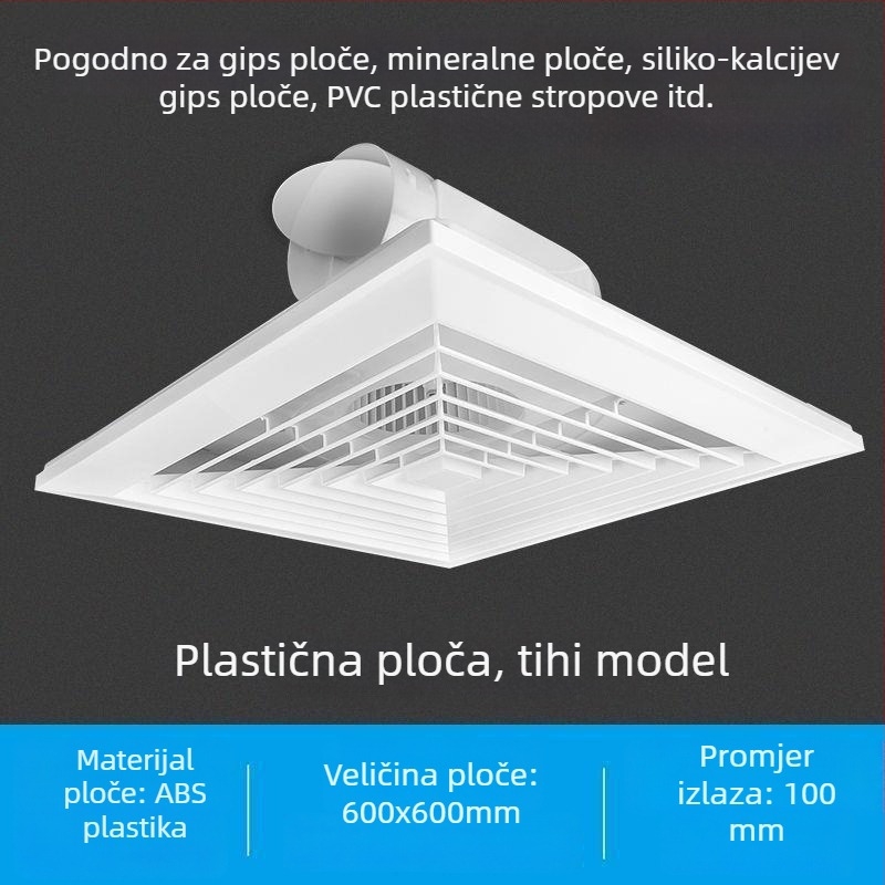 Integrirani stropni ventilator 600x600 s aluminijskim panelom i gips pločom za kupaonicu, 30x30