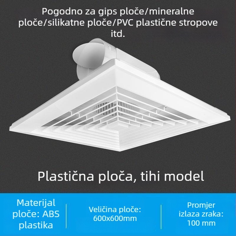 Integrirani stropni ventilator 600x600 s aluminijskim panelom i gips pločom za kupaonicu, 30x30