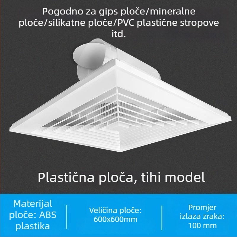 Integrirani stropni ventilator 600x600 s aluminijskim panelom i gips pločom za kupaonicu, 30x30
