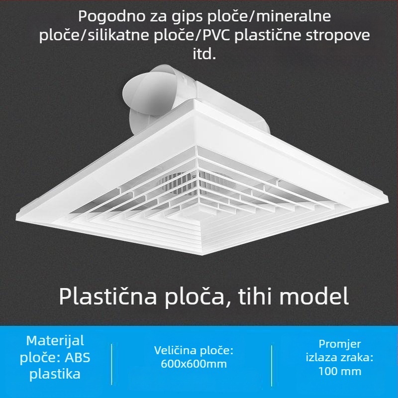 Integrirani stropni ventilator 600x600 s aluminijskim panelom i gips pločom za kupaonicu, 30x30