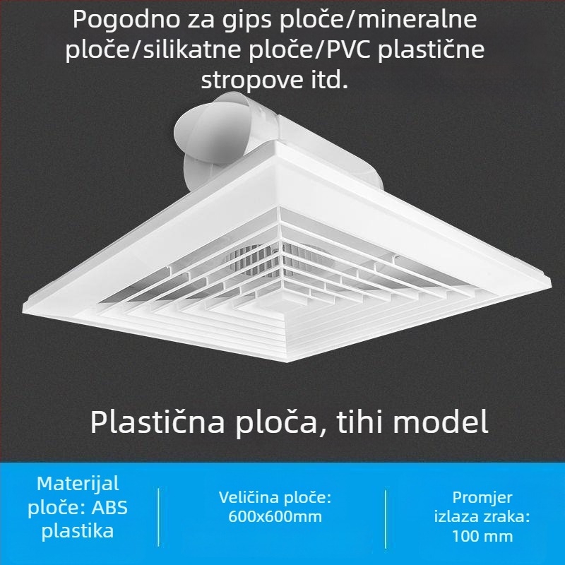 Integrirani stropni ventilator 600x600 s aluminijskim panelom i gips pločom za kupaonicu, 30x30