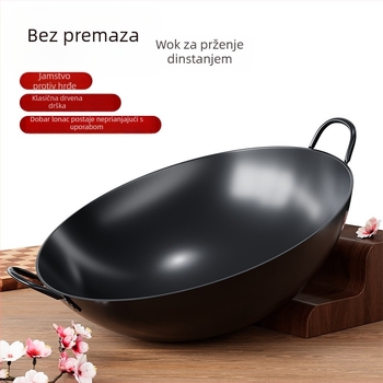 Wok od lijevanog željeza bez premaza, s dva držača i okruglim dnom, za kućnu i profesionalnu upotrebu.