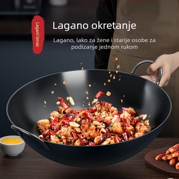 Wok od lijevanog željeza bez premaza, s dva držača i okruglim dnom, za kućnu i profesionalnu upotrebu.