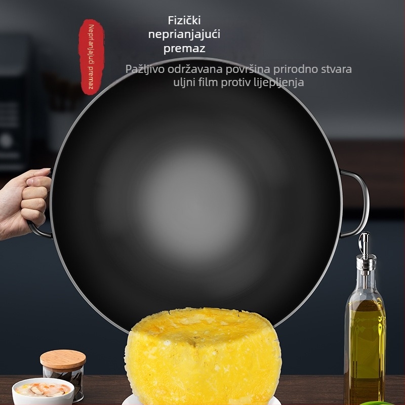 Wok od lijevanog željeza bez premaza, s dva držača i okruglim dnom, za kućnu i profesionalnu upotrebu.