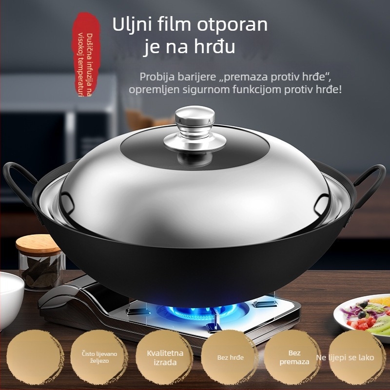 Wok od lijevanog željeza bez premaza, s dva držača i okruglim dnom, za kućnu i profesionalnu upotrebu.