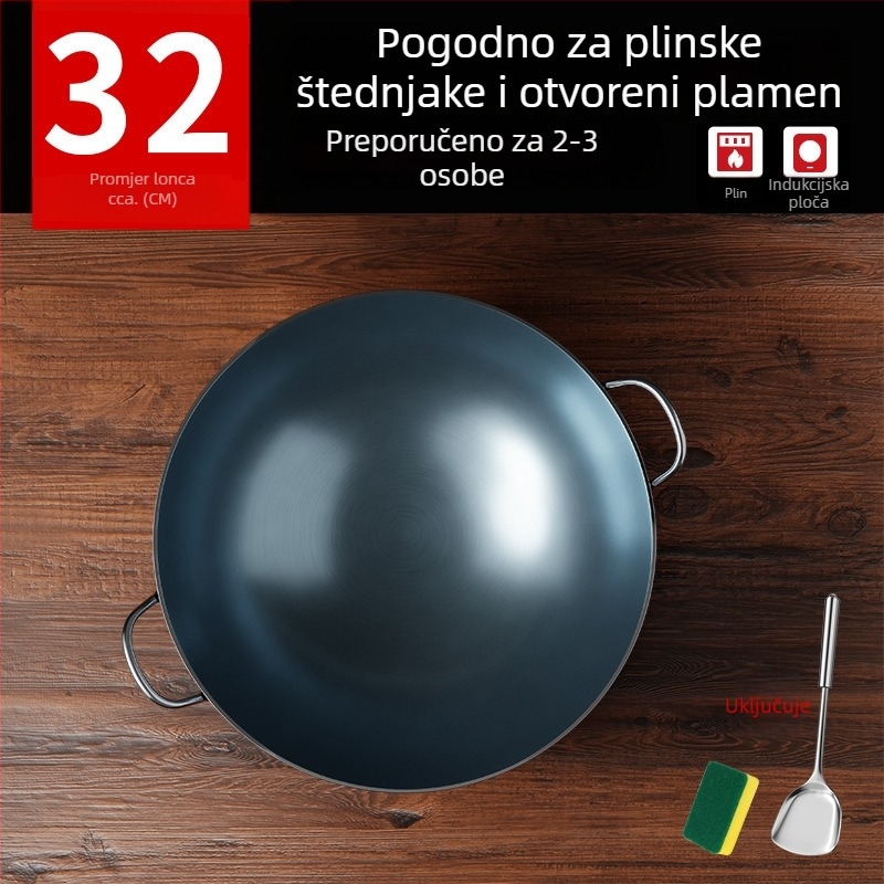 Wok od lijevanog željeza bez premaza, s dva držača i okruglim dnom, za kućnu i profesionalnu upotrebu.