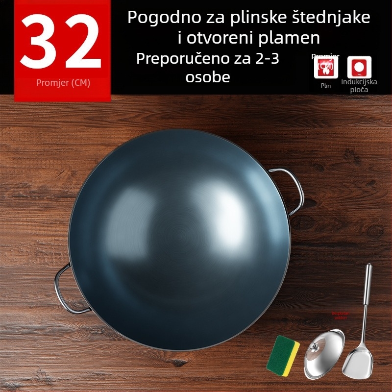 Wok od lijevanog željeza bez premaza, s dva držača i okruglim dnom, za kućnu i profesionalnu upotrebu.