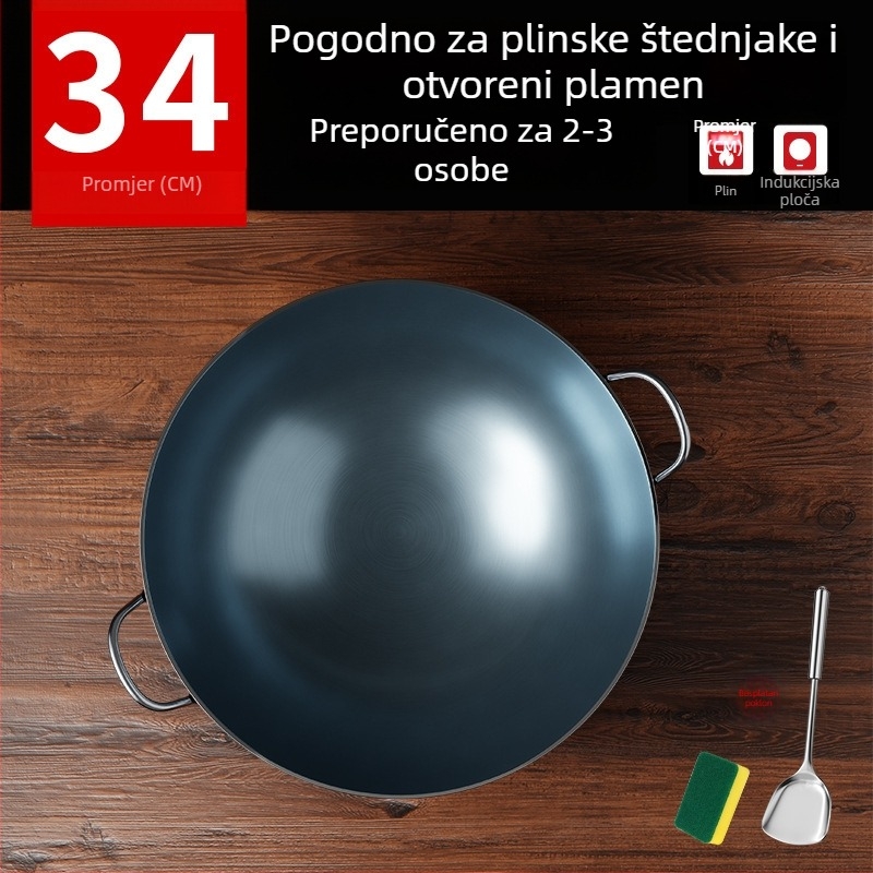 Wok od lijevanog željeza bez premaza, s dva držača i okruglim dnom, za kućnu i profesionalnu upotrebu.