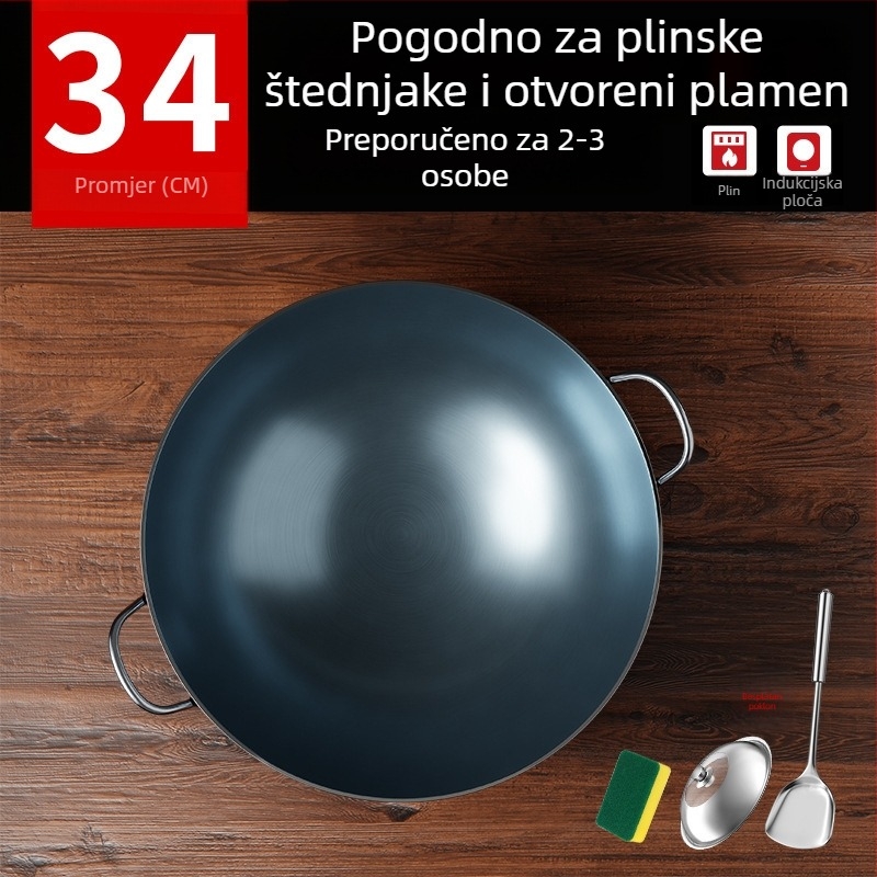 Wok od lijevanog željeza bez premaza, s dva držača i okruglim dnom, za kućnu i profesionalnu upotrebu.