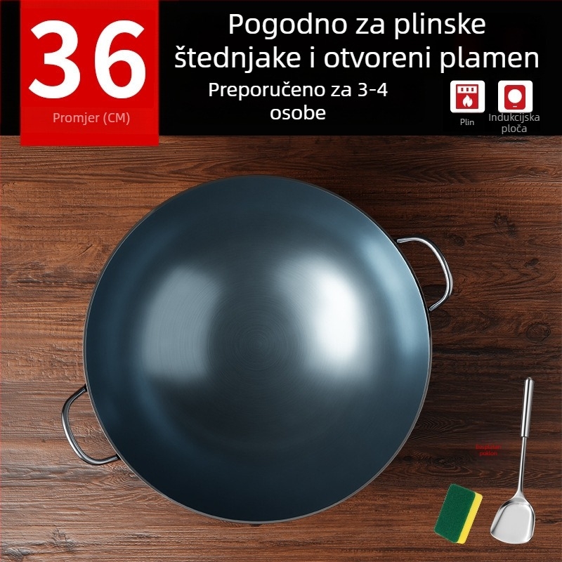 Wok od lijevanog željeza bez premaza, s dva držača i okruglim dnom, za kućnu i profesionalnu upotrebu.