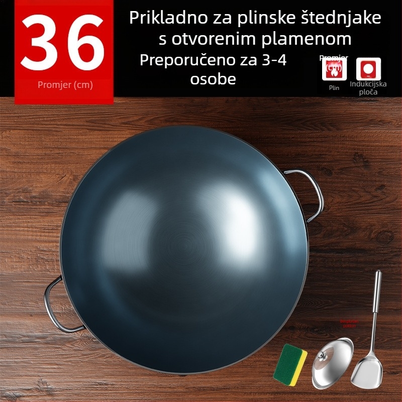 Wok od lijevanog željeza bez premaza, s dva držača i okruglim dnom, za kućnu i profesionalnu upotrebu.