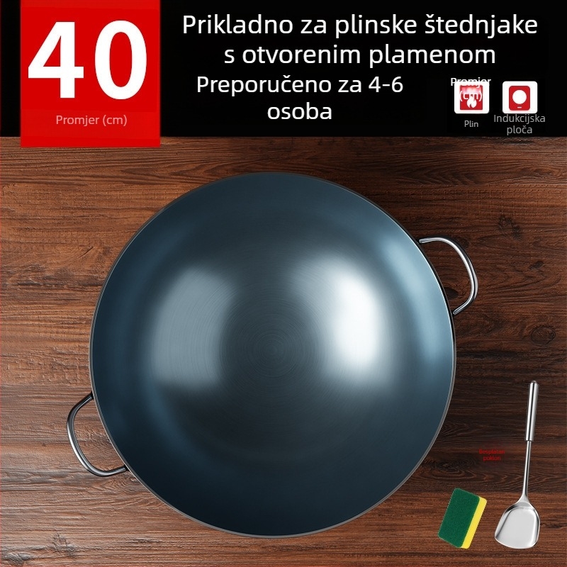 Wok od lijevanog željeza bez premaza, s dva držača i okruglim dnom, za kućnu i profesionalnu upotrebu.