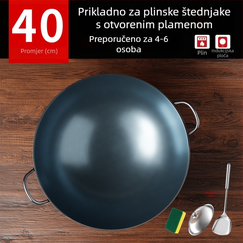 Wok od lijevanog željeza bez premaza, s dva držača i okruglim dnom, za kućnu i profesionalnu upotrebu.