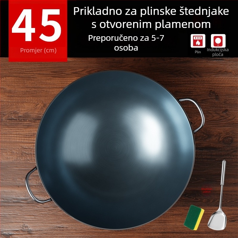 Wok od lijevanog željeza bez premaza, s dva držača i okruglim dnom, za kućnu i profesionalnu upotrebu.