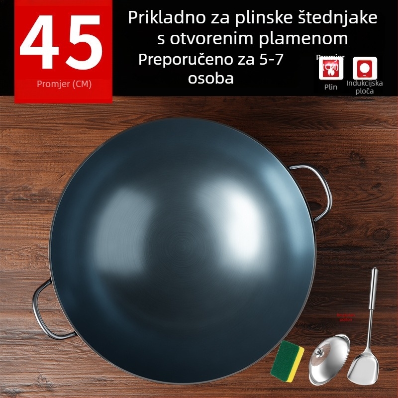Wok od lijevanog željeza bez premaza, s dva držača i okruglim dnom, za kućnu i profesionalnu upotrebu.