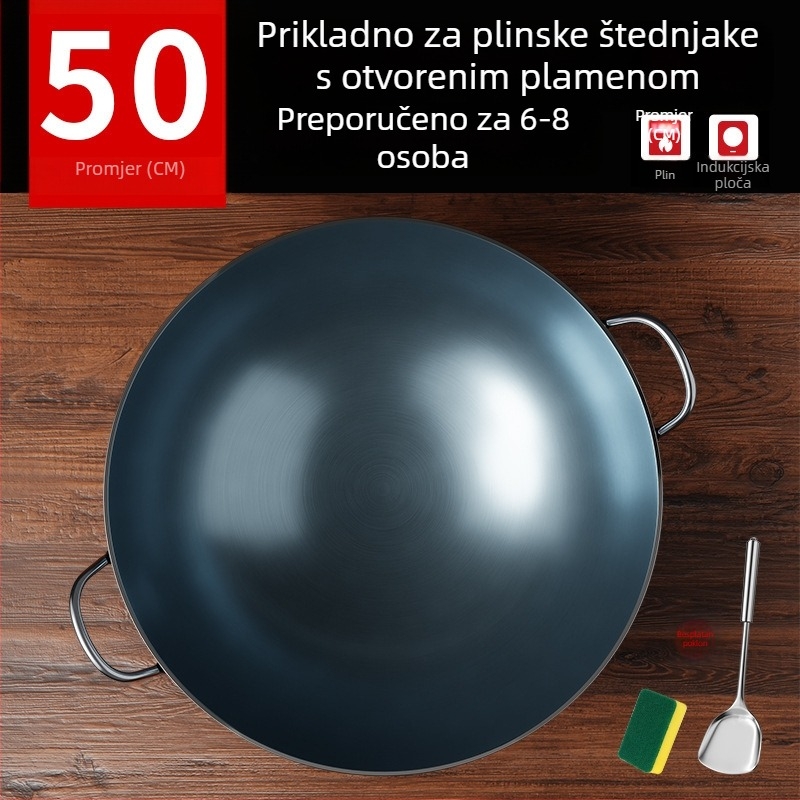 Wok od lijevanog željeza bez premaza, s dva držača i okruglim dnom, za kućnu i profesionalnu upotrebu.