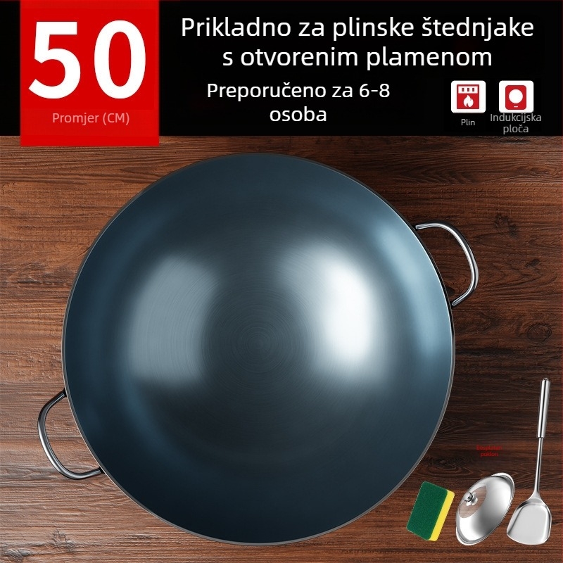 Wok od lijevanog željeza bez premaza, s dva držača i okruglim dnom, za kućnu i profesionalnu upotrebu.