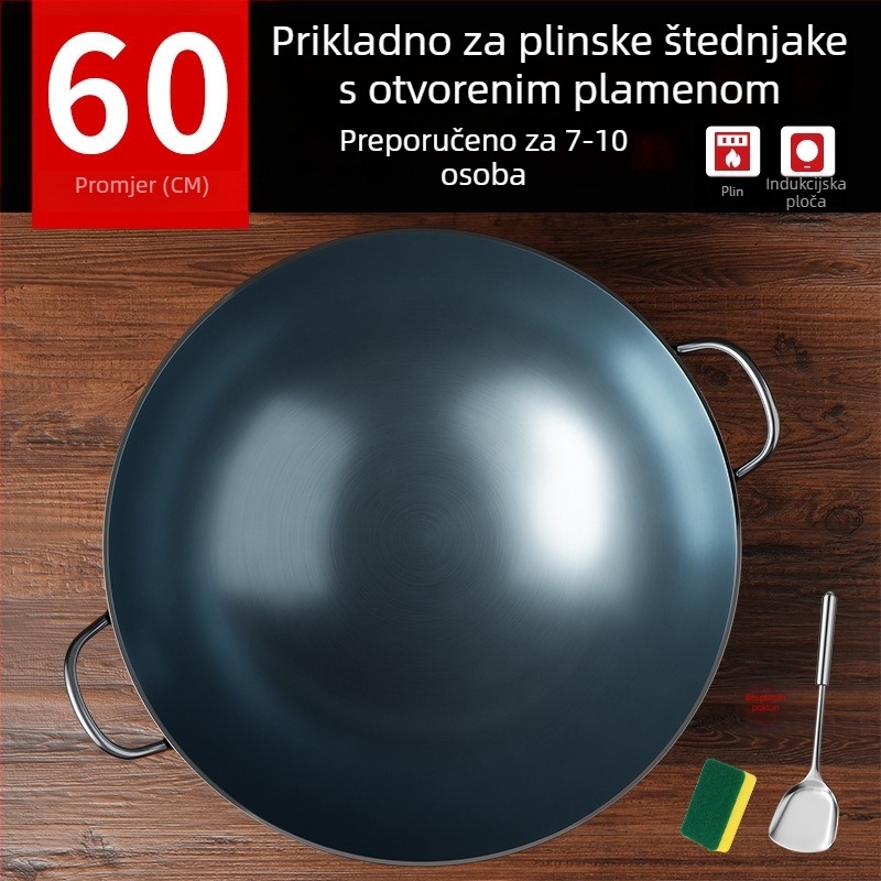Wok od lijevanog željeza bez premaza, s dva držača i okruglim dnom, za kućnu i profesionalnu upotrebu.