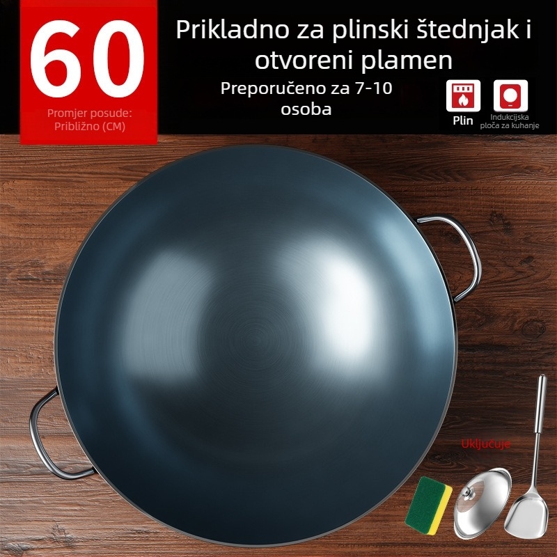 Wok od lijevanog željeza bez premaza, s dva držača i okruglim dnom, za kućnu i profesionalnu upotrebu.