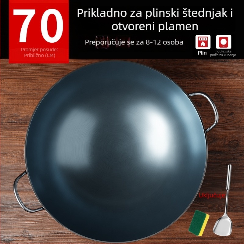 Wok od lijevanog željeza bez premaza, s dva držača i okruglim dnom, za kućnu i profesionalnu upotrebu.